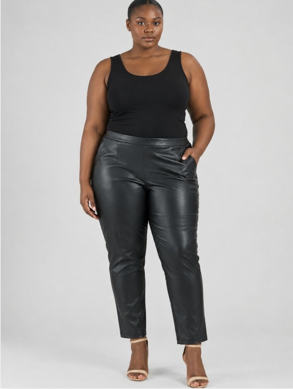NWT Clara Sunwoo Liquid Leather Sheen Skinny Pants W/ Pockets Black Pull On 1X